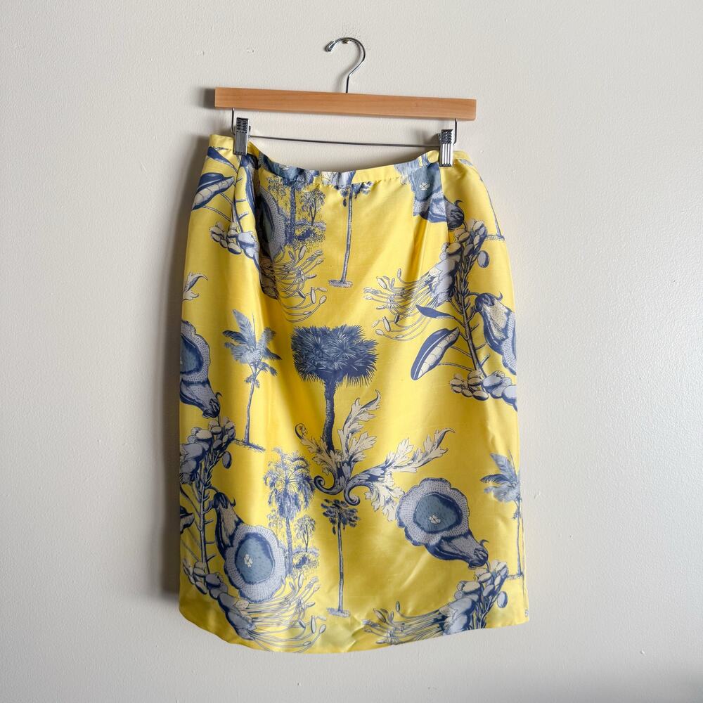 Harve Benard Collection Yellow + Blue Floral Print Silk Knee Length Skirt 16